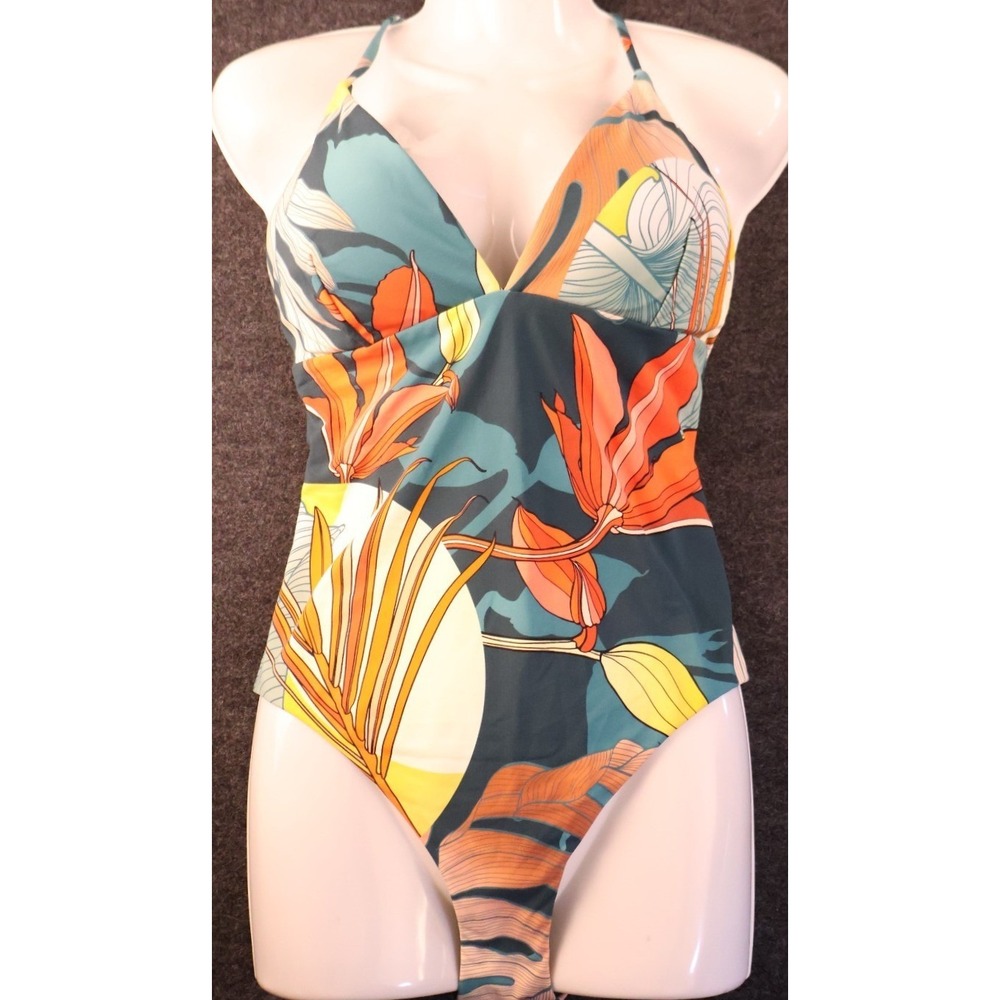 Calia Womens Size 10 One Piece Floral Green Orange Tummy Control Swimsuit NWT